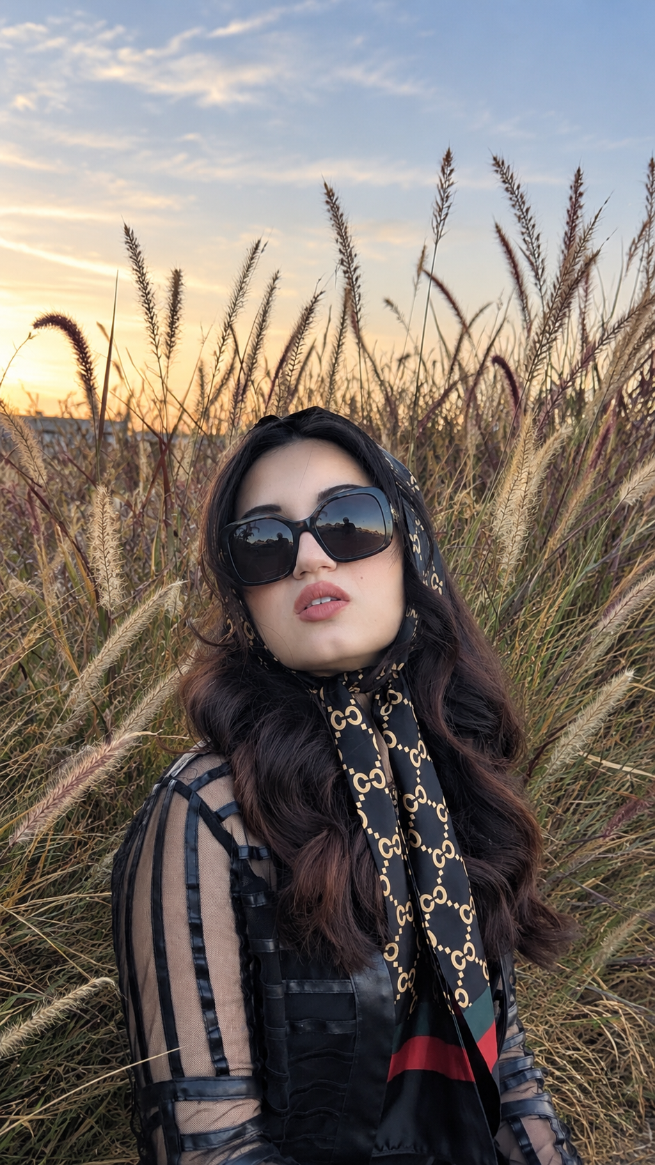 AALBA, singer and songwriter, in a silk headscarf and sunglasses in a field at sunset