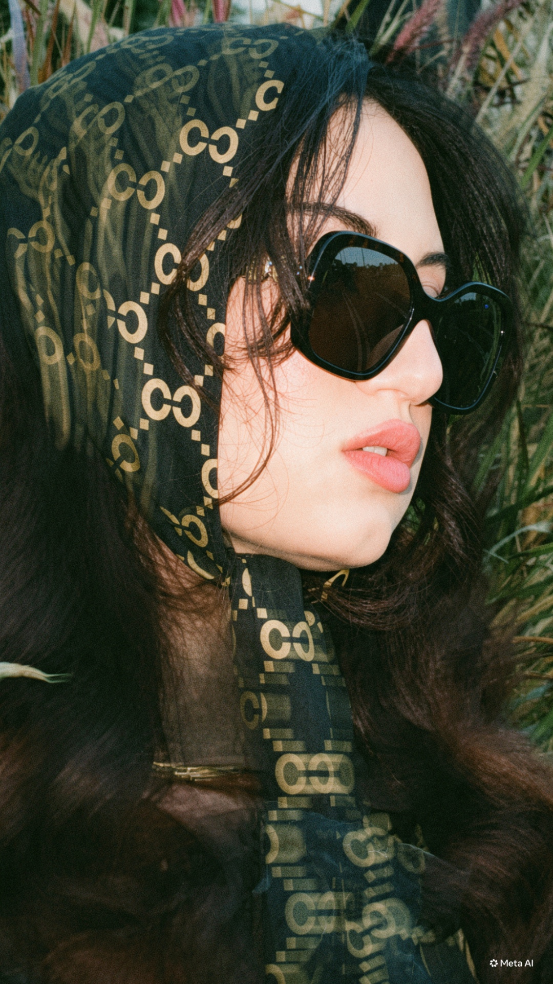 Close-up editorial portrait of AALBA in a patterned silk headscarf and oversized sunglasses